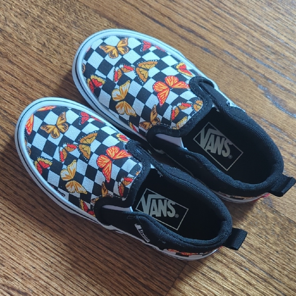 Vans Kids Checkerboard Slip-On Sneakers with Orange & Yellow Butterfly Print
